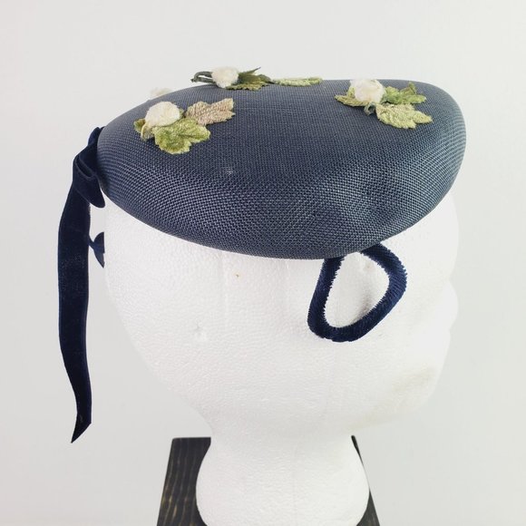 Vtg Original Touster Teentype Women's 3D Floral Blue Wicker Calot Hat Velvet Bow - Picture 6 of 12